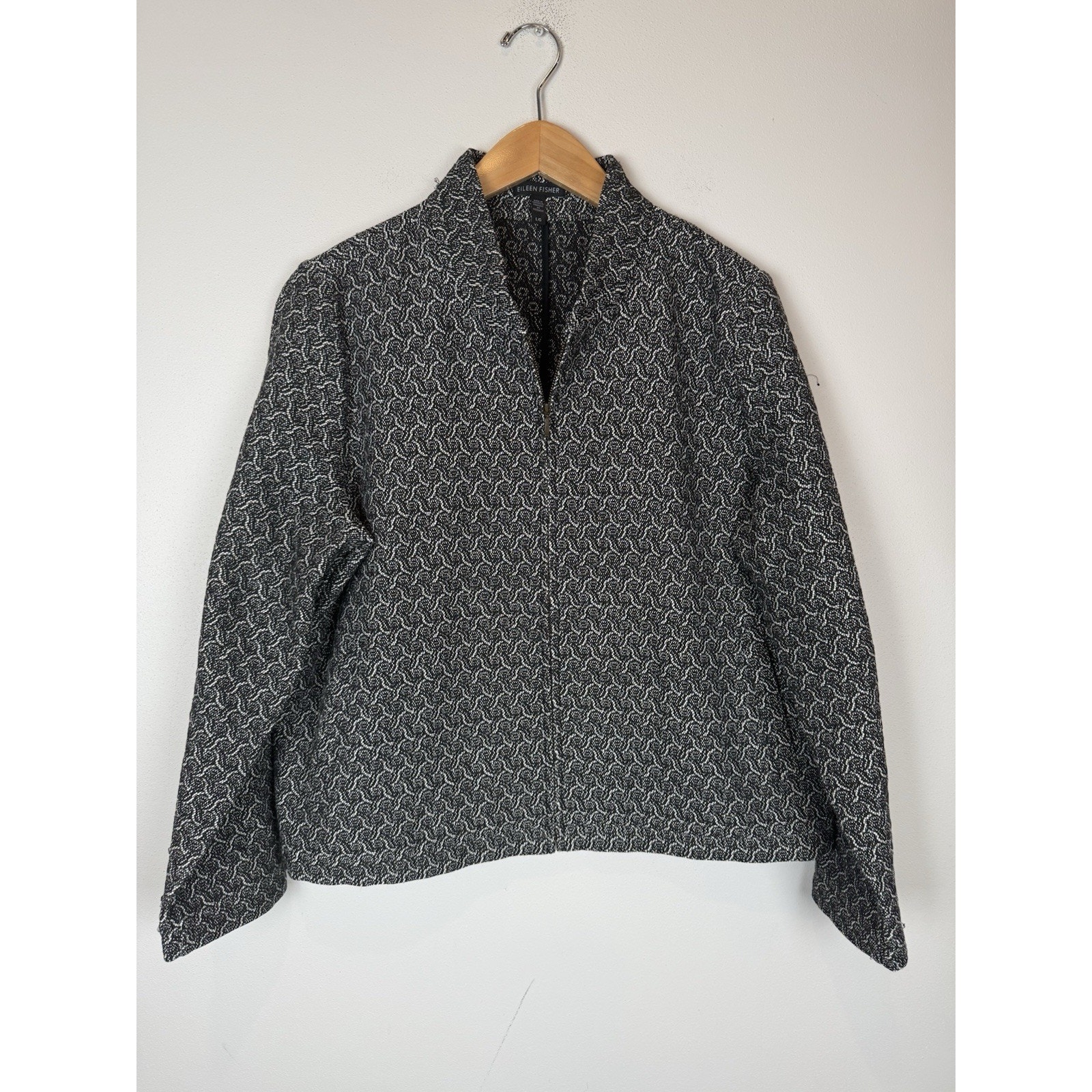 Eileen Fisher Jacquard Bomber Jacket Black Woven Print Cotton Blend Boxy Sz L